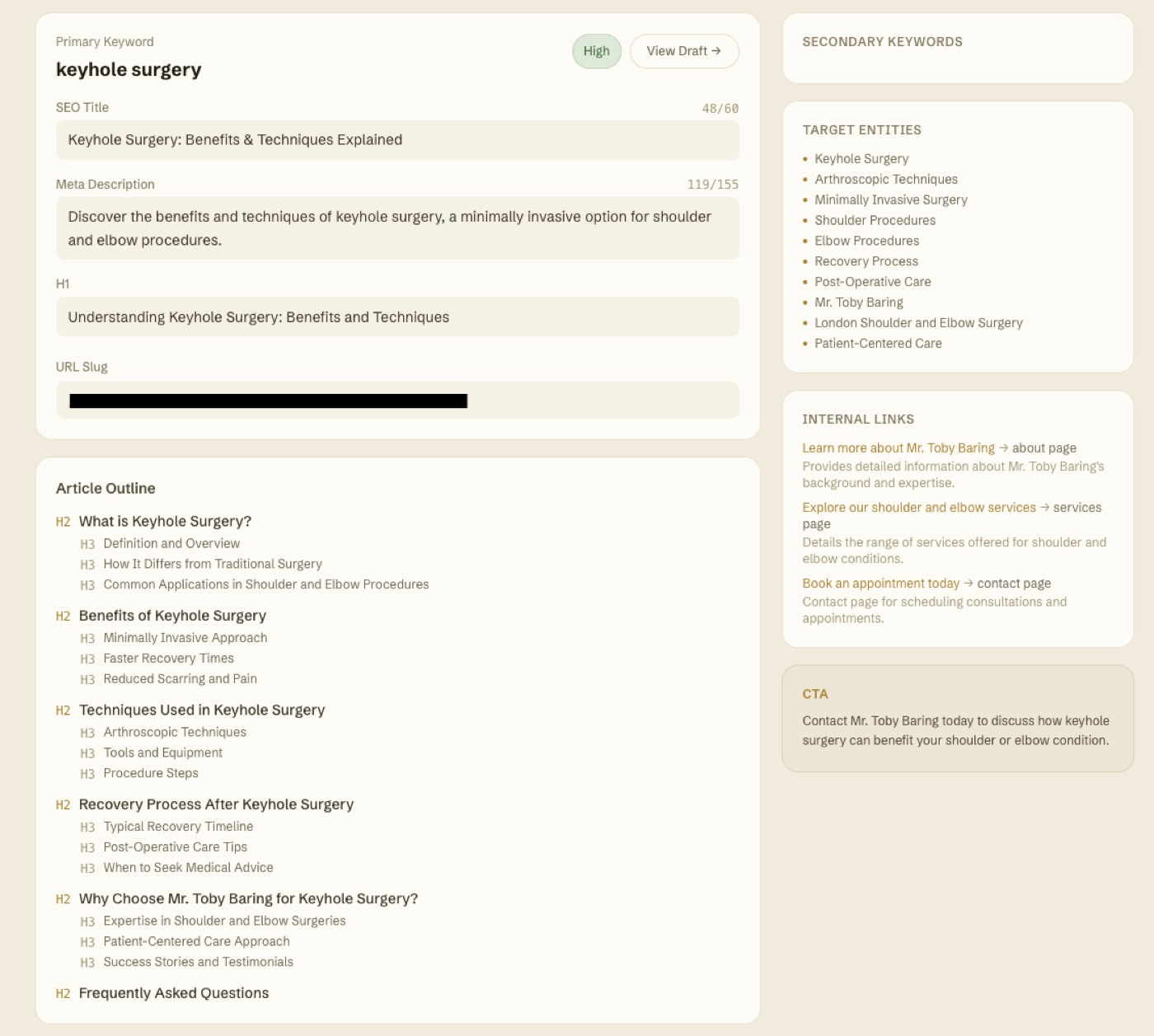 A monthly article brief: SEO title, meta description and outline