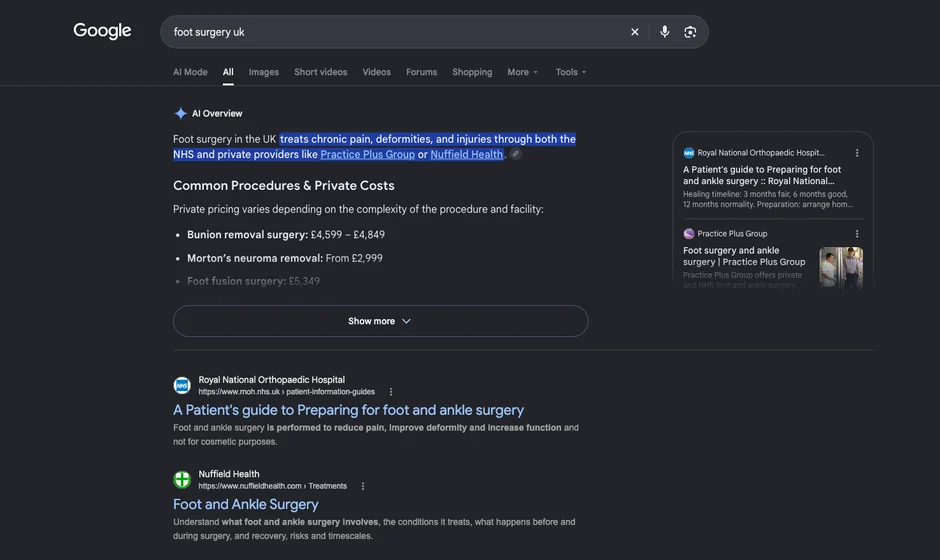 A Google AI Overview answering a search for foot surgery in the UK