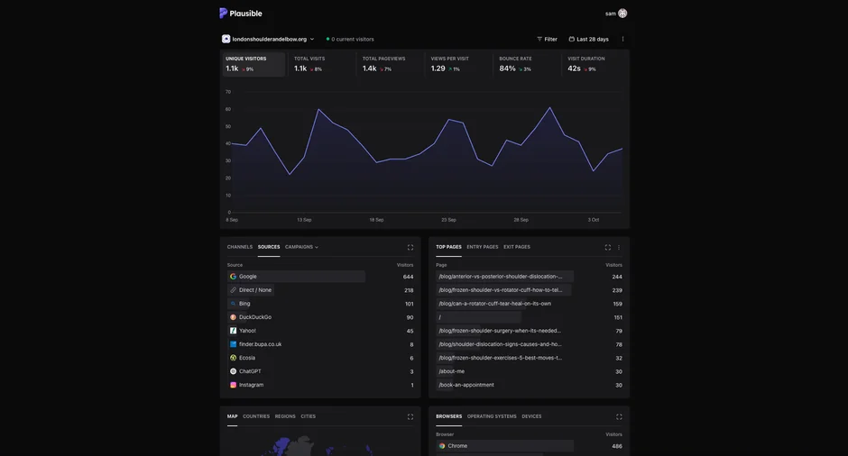 A Plausible analytics dashboard showing a surgeon's website traffic