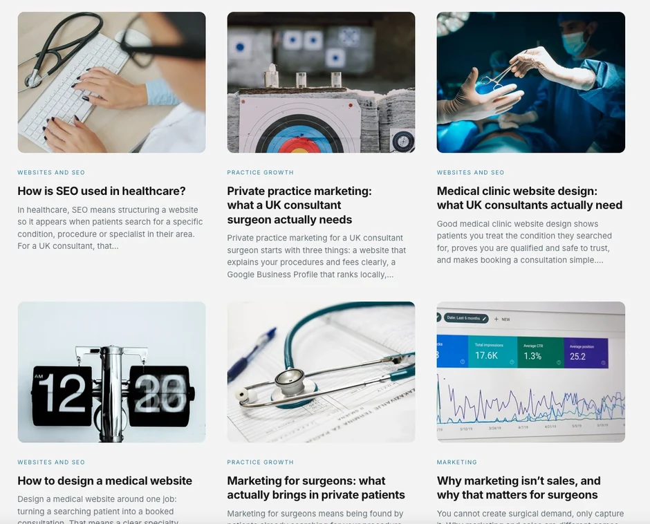 Blog posts written for private surgeons, shown on the Alchemy Medical website